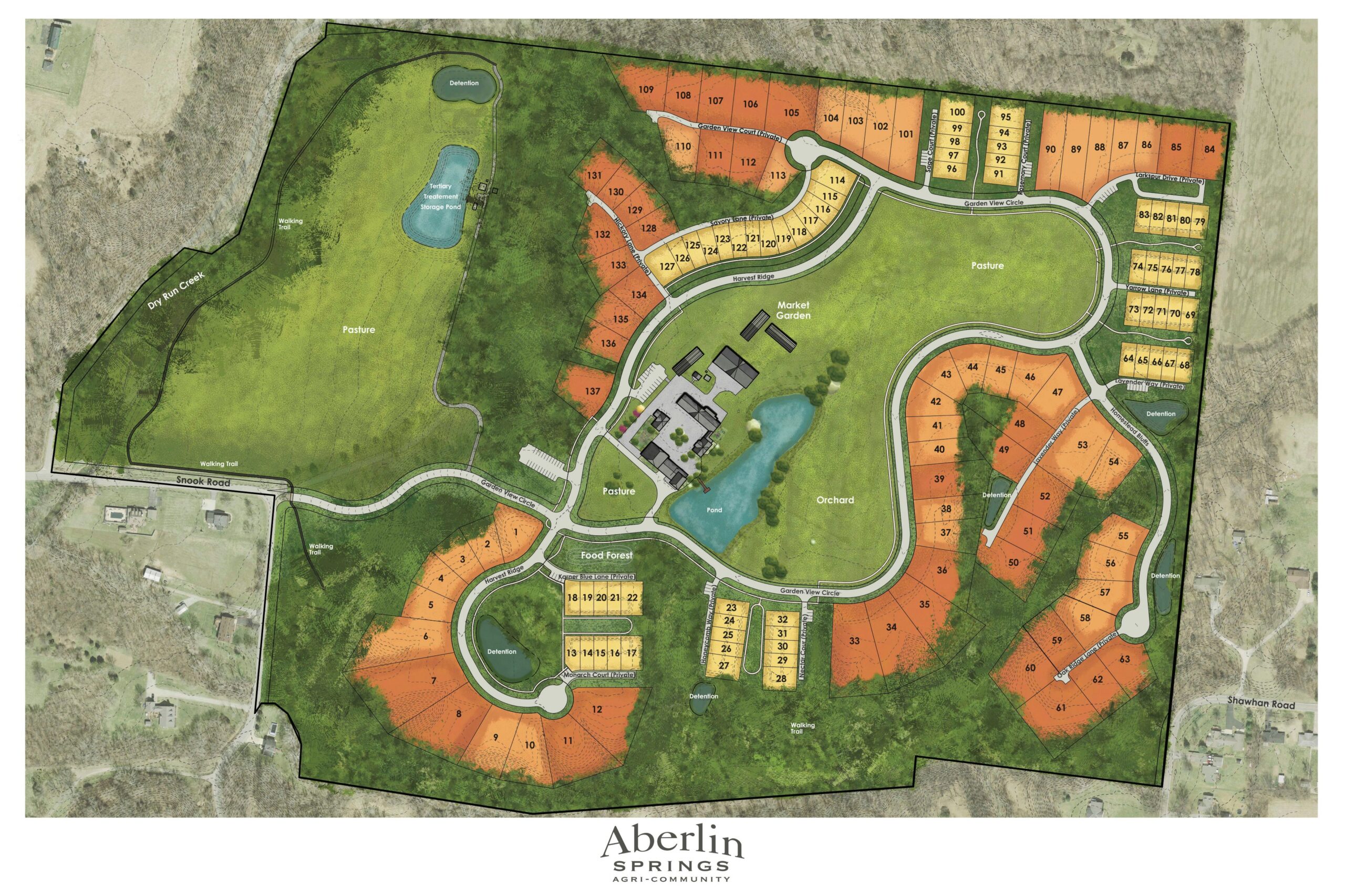 A color-coded site plan of Aberlin Springs showing residential lots, roads, ponds, and green spaces with amenities labeled like detention and market garden map area at center-left.